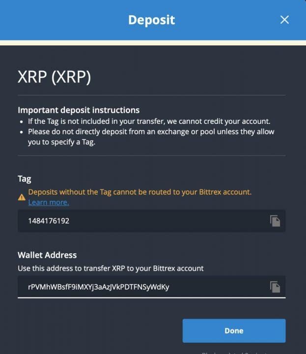 Địa chỉ Ví XRP của Tôi trên sàn Bittrex kèm Tag