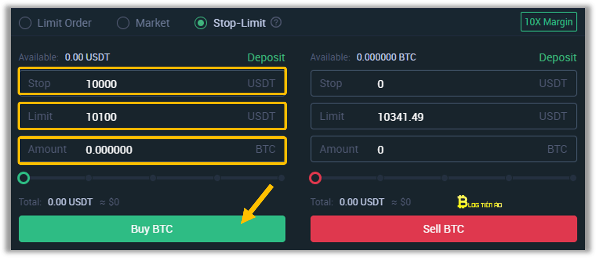 đặt lệnh stop limit trên sàn mxc